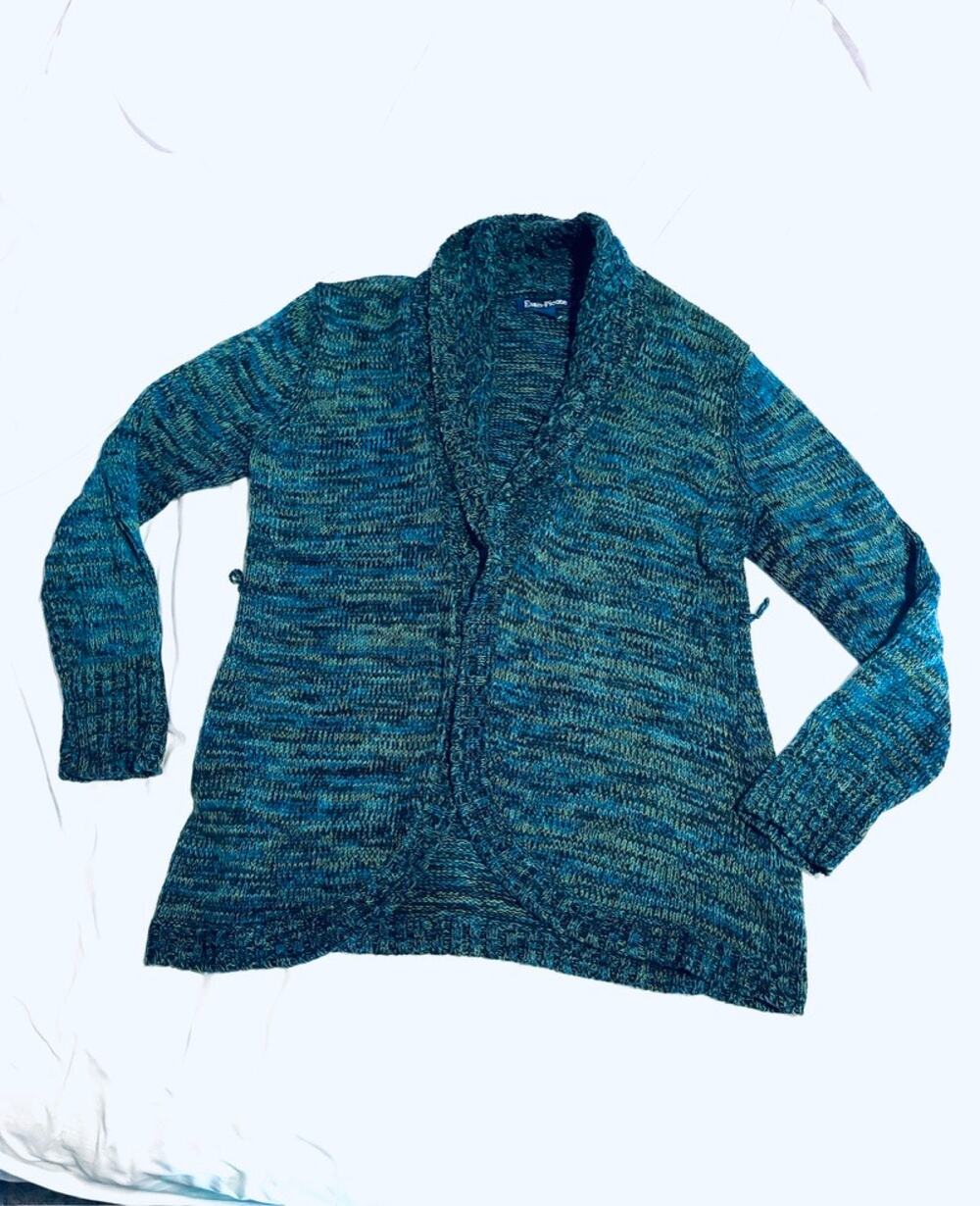 Evan Picone Womens Medium Marled Knit Shawl Collar Cardigan Sweater Green Teal